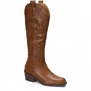 Andrea - Santiag Femme Haute Marron avec Motif et Fermeture