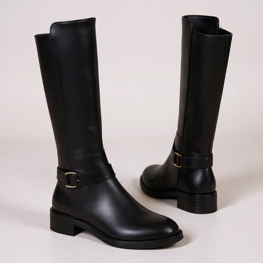 Athea - Bottes Cavalières Femme Noires Élégante avec Boucle Métallique