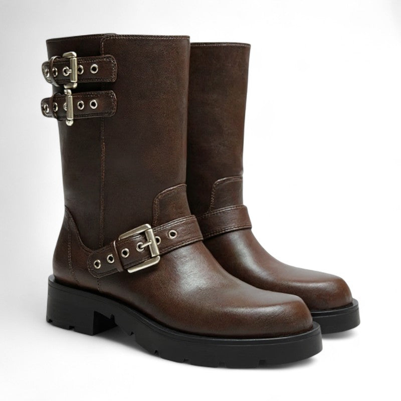 Urys - Bottes Cavalières Basses Motardes Femme Marron Boucles Métalliques