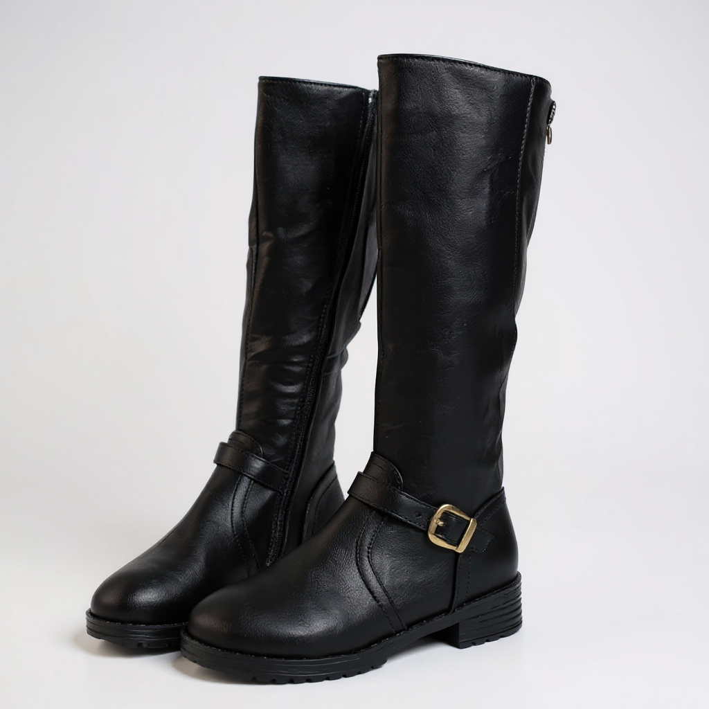 Spirit - Bottes Cavalière Noires Femme à Boucle Métallique