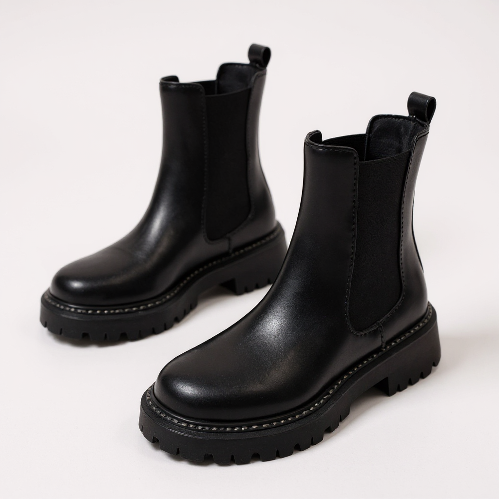 Cynthia - Bottines Cavalière Chelsea Femme Noires Semelle Épaisse