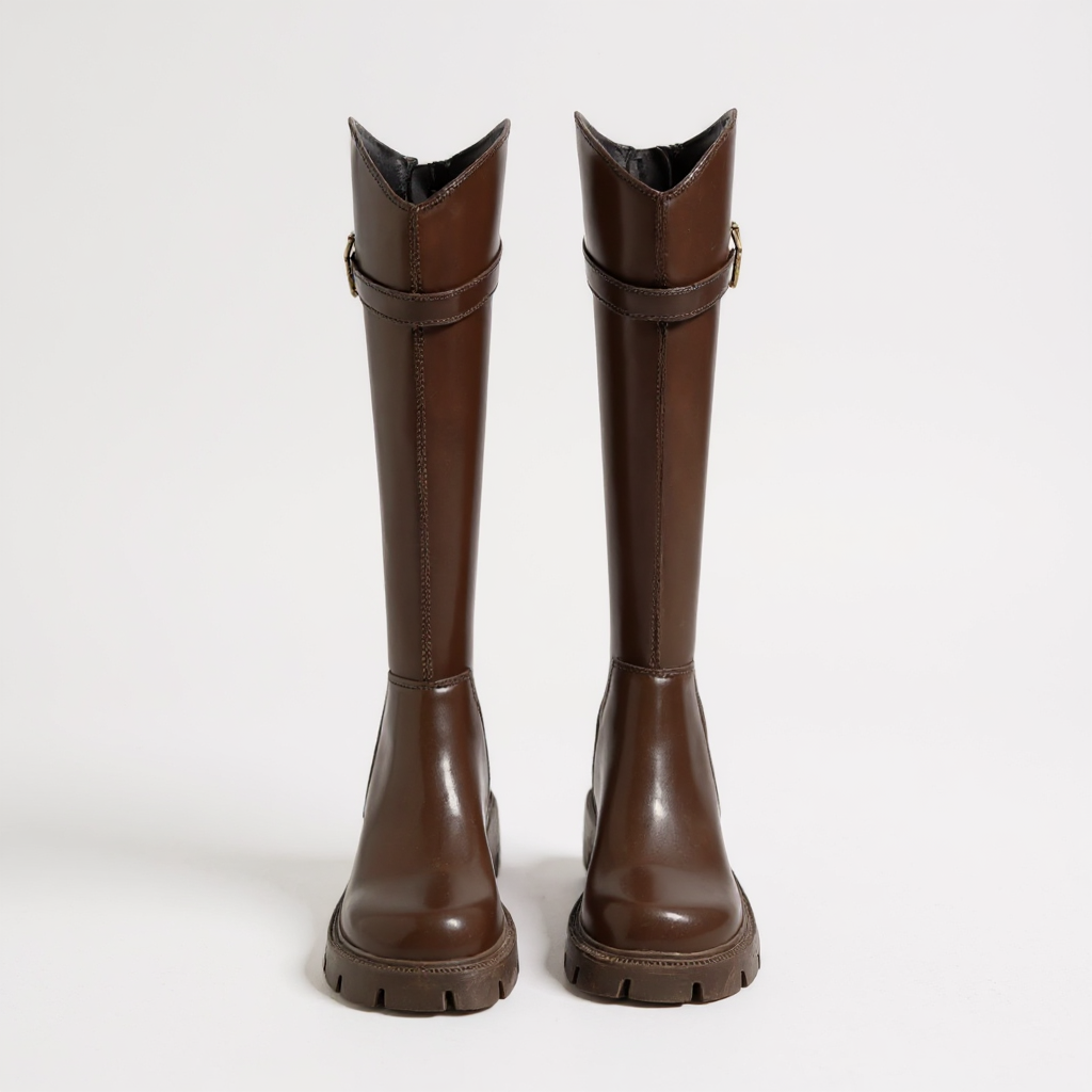 Halyn - Bottes Cavalières Femme Talon Épais avec Boucle Dorée